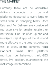 Currently there are no affordable delivery concepts on demand platforms dedicated to every large or small store in Shopping Malls. Uber Eats and Mr Delivery are considered too expensive for smaller retailers or not secure. Our use of an up end and intelligent digital app will be all round more effective in the time response as well as safety of the contents. Hero Connect Smart Box platform monitors rider behaviour, theft, GEO fence, live position, guaranteeing the mall image not tarnished.  THE MARKET